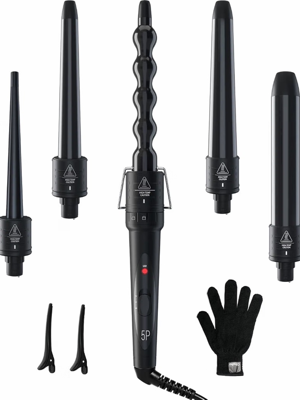 5-Piece Black Interchangeable Curling Wand Set with Glove